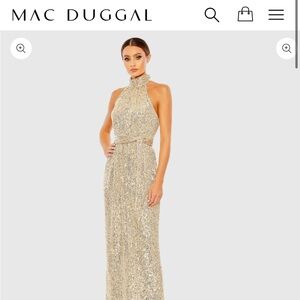 MAC DUGGAL Gold Sequined Halter Neck Belted Gown